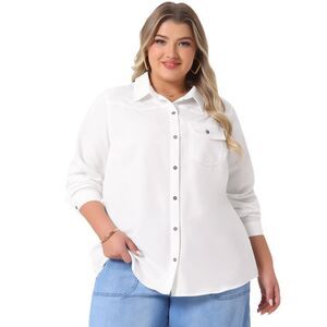 Plus Size Long Sleeve Chest Pocket Chambray Denim Shirt White